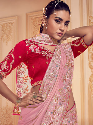 Rajwada Pink Georgette Embroidered Saree With Unstitched Blouse For Women