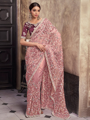 Rajwada Pink Net Embroidered Saree With Unstitched Blouse For Women
