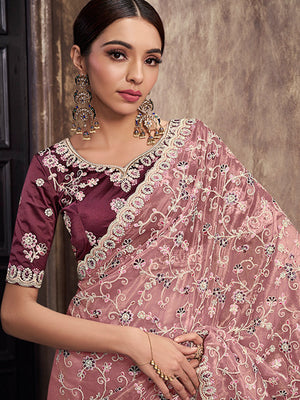Rajwada Pink Net Embroidered Saree With Unstitched Blouse For Women