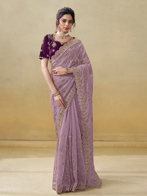 Rajwada Purple Organza Embroidered Saree With Unstitched Blouse For Women