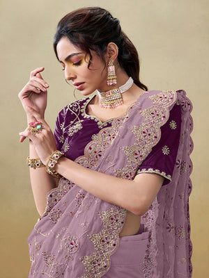 Rajwada Purple Organza Embroidered Saree With Unstitched Blouse For Women