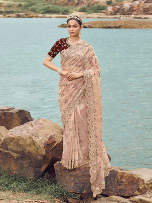 Rajwada Peach Embroidered Net Saree With Unstitched Blouse For Women