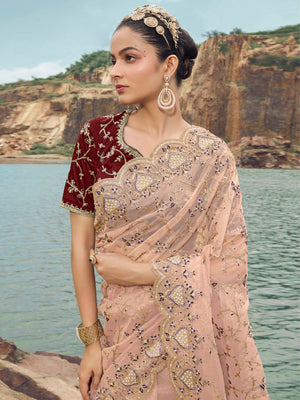 Rajwada Peach Embroidered Net Saree With Unstitched Blouse For Women