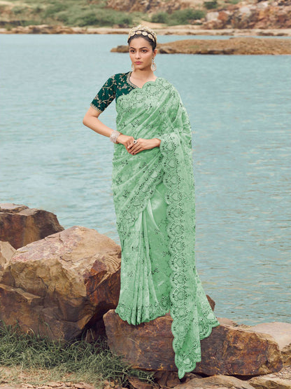 Rajwada Sea Green Embroidered Net Saree With Unstitched Blouse For Women