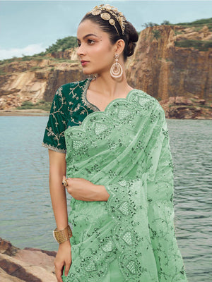 Rajwada Sea Green Embroidered Net Saree With Unstitched Blouse For Women
