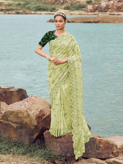 Rajwada Green Embroidered Net Saree With Unstitched Blouse For Women