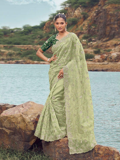 Rajwada Light Green Embroidered Organza Saree With Unstitched Blouse For Women