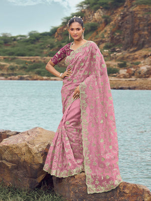 Rajwada Pink Embroidered Organza Saree With Unstitched Blouse For Women