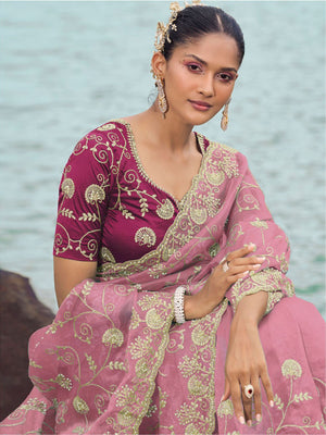 Rajwada Pink Embroidered Organza Saree With Unstitched Blouse For Women