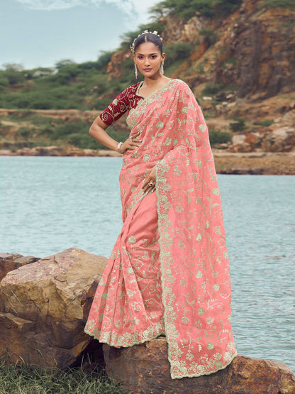 Rajwada Peach Embroidered Organza Saree With Unstitched Blouse For Women