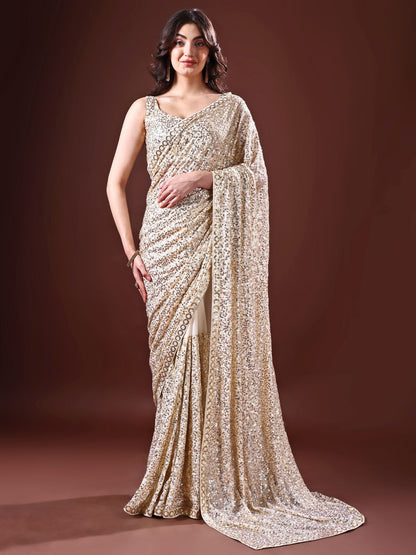 Rajwada Beige Embellished Georgette Saree With Unstitched Blouse For Women