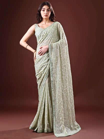 Rajwada Olive Embellished Georgette Saree With Unstitched Blouse For Women