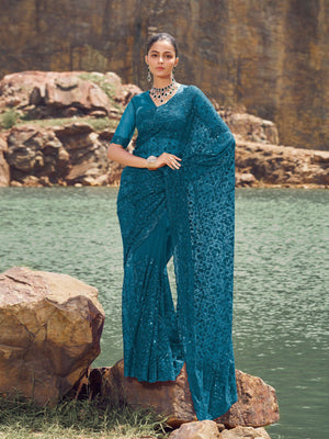 Rajwada Teal Embroidered Net Saree With Unstitched Blouse For Women
