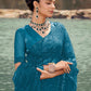 Rajwada Teal Embroidered Net Saree With Unstitched Blouse For Women