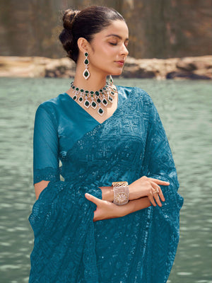 Rajwada Teal Embroidered Net Saree With Unstitched Blouse For Women