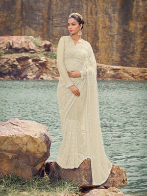 Rajwada Cream Embellished Net Saree With Unstitched Blouse For Women