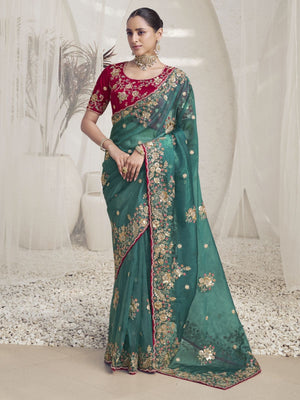 Rajwada Teal Organza Embroidered Saree With Unstitched Blouse For Women