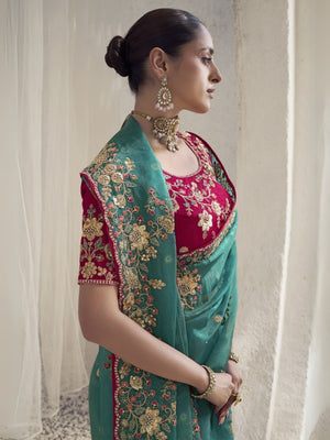 Rajwada Teal Organza Embroidered Saree With Unstitched Blouse For Women