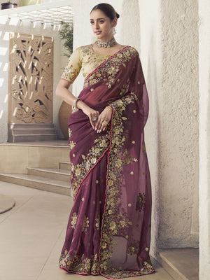 Rajwada Wine Organza Embroidered Saree With Unstitched Blouse For Women