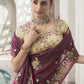 Rajwada Wine Organza Embroidered Saree With Unstitched Blouse For Women