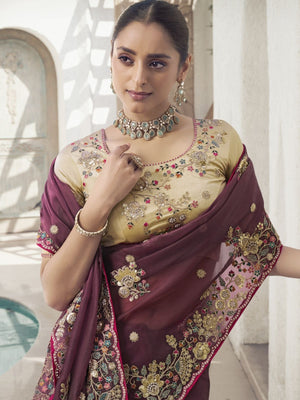 Rajwada Wine Organza Embroidered Saree With Unstitched Blouse For Women