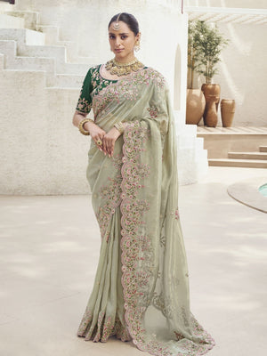 Rajwada Light Green Silk Blend Embroidered Saree With Unstitched Blouse For Women