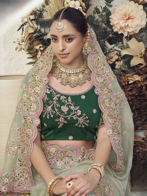 Rajwada Light Green Silk Blend Embroidered Saree With Unstitched Blouse For Women