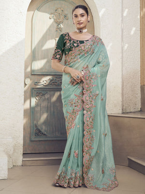 Rajwada Light Blue Silk Blend Embroidered Saree With Unstitched Blouse For Women