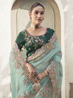 Rajwada Light Blue Silk Blend Embroidered Saree With Unstitched Blouse For Women