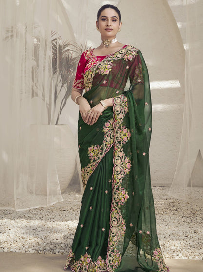 Rajwada Green Georgette Embroidered Saree With Unstitched Blouse For Women