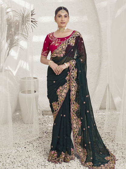 Rajwada Dark Green Georgette Embroidered Saree With Unstitched Blouse For Women