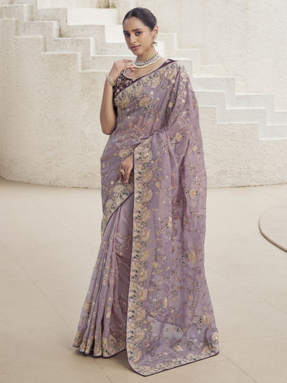 Rajwada Lavender Silk Blend Embroidered Saree With Unstitched Blouse For Women