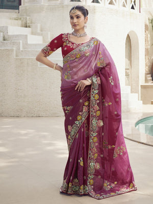 Rajwada Pink Silk Blend Embroidered Saree With Unstitched Blouse For Women