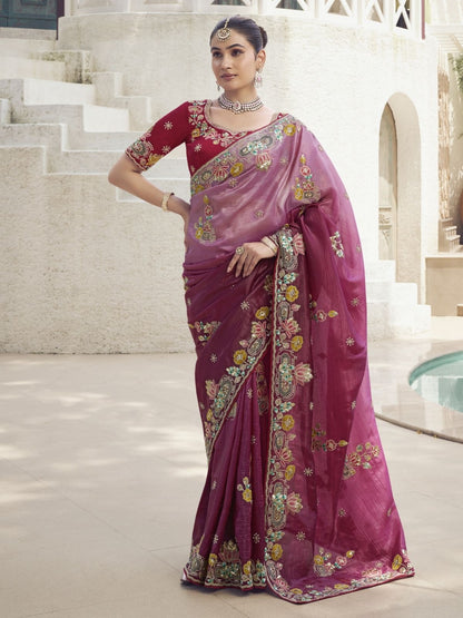 Rajwada Pink Silk Blend Embroidered Saree With Unstitched Blouse For Women