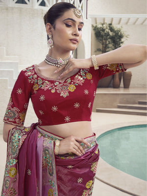Rajwada Pink Silk Blend Embroidered Saree With Unstitched Blouse For Women