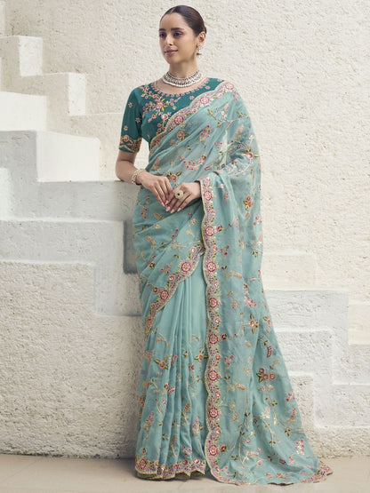 Rajwada Blue Organza Embroidered Saree With Unstitched Blouse For Women