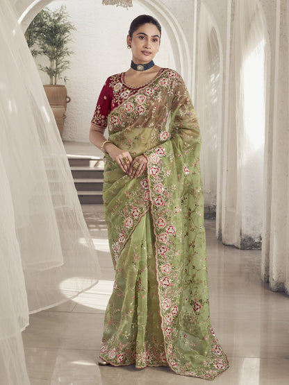 Rajwada Green Georgette Embroidered Saree With Unstitched Blouse For Women