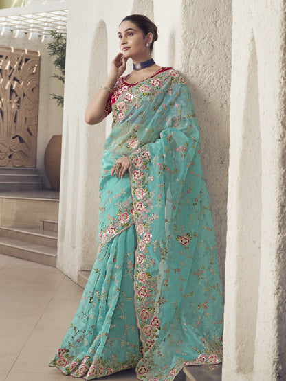 Rajwada Light Blue Georgette Embroidered Saree With Unstitched Blouse For Women