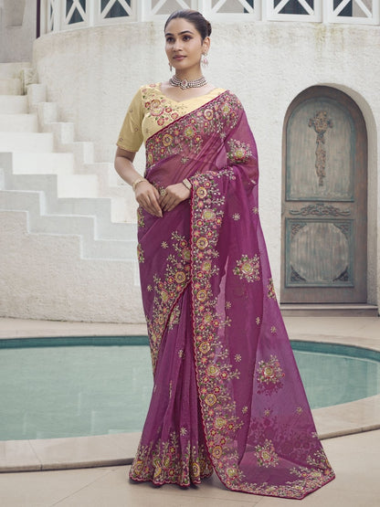 Rajwada Purple Organza Embroidered Saree With Unstitched Blouse For Women