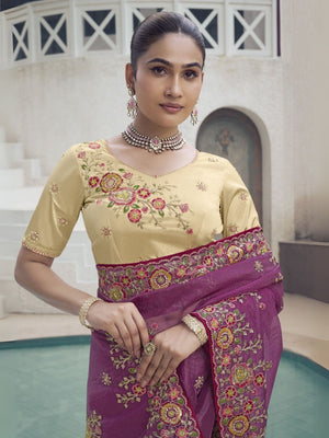 Rajwada Purple Organza Embroidered Saree With Unstitched Blouse For Women