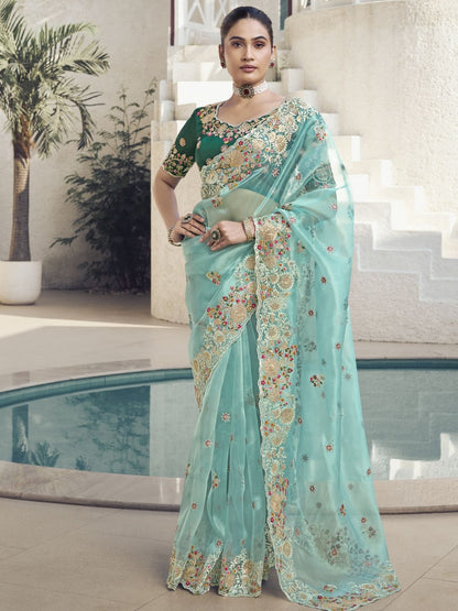 Rajwada Light Blue Organza Embroidered Saree With Unstitched Blouse For Women