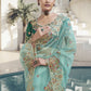 Rajwada Light Blue Organza Embroidered Saree With Unstitched Blouse For Women