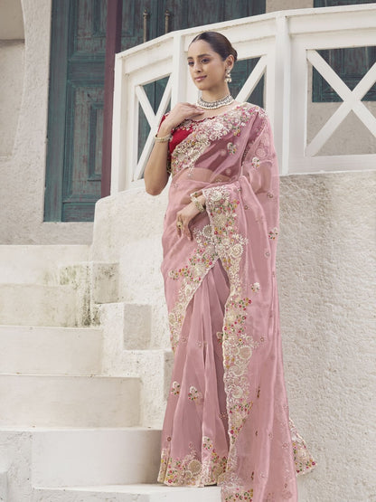 Rajwada Light Pink Organza Embroidered Saree With Unstitched Blouse For Women
