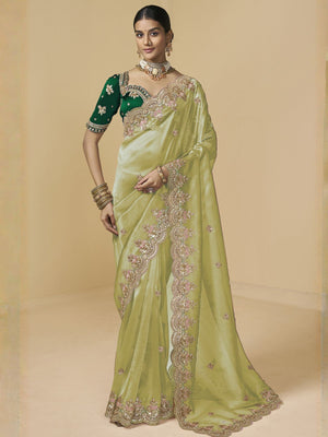 Rajwada Pista Green Tissue Embellished Saree For Women