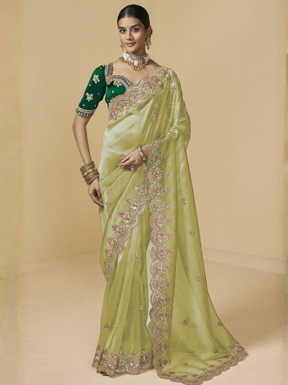 Rajwada Pista Green Tissue Embellished Saree For Women