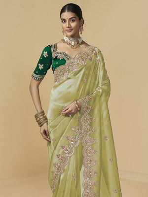 Rajwada Pista Green Tissue Embellished Saree For Women