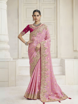 Rajwada Light Pink Silk Blend Embroidered Saree For Women
