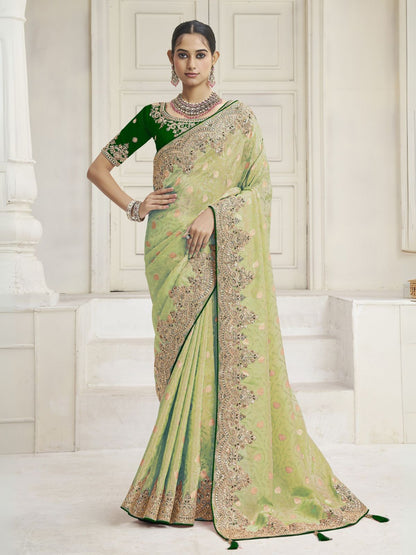 Rajwada Lime Green Silk Blend Embroidered Saree For Women