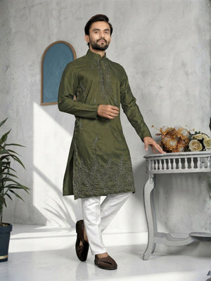 Rajwada Olive Cotton Blend Embroidered Solid Kurta For Men