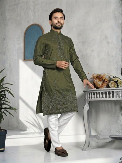 Rajwada Olive Cotton Blend Embroidered Solid Kurta For Men